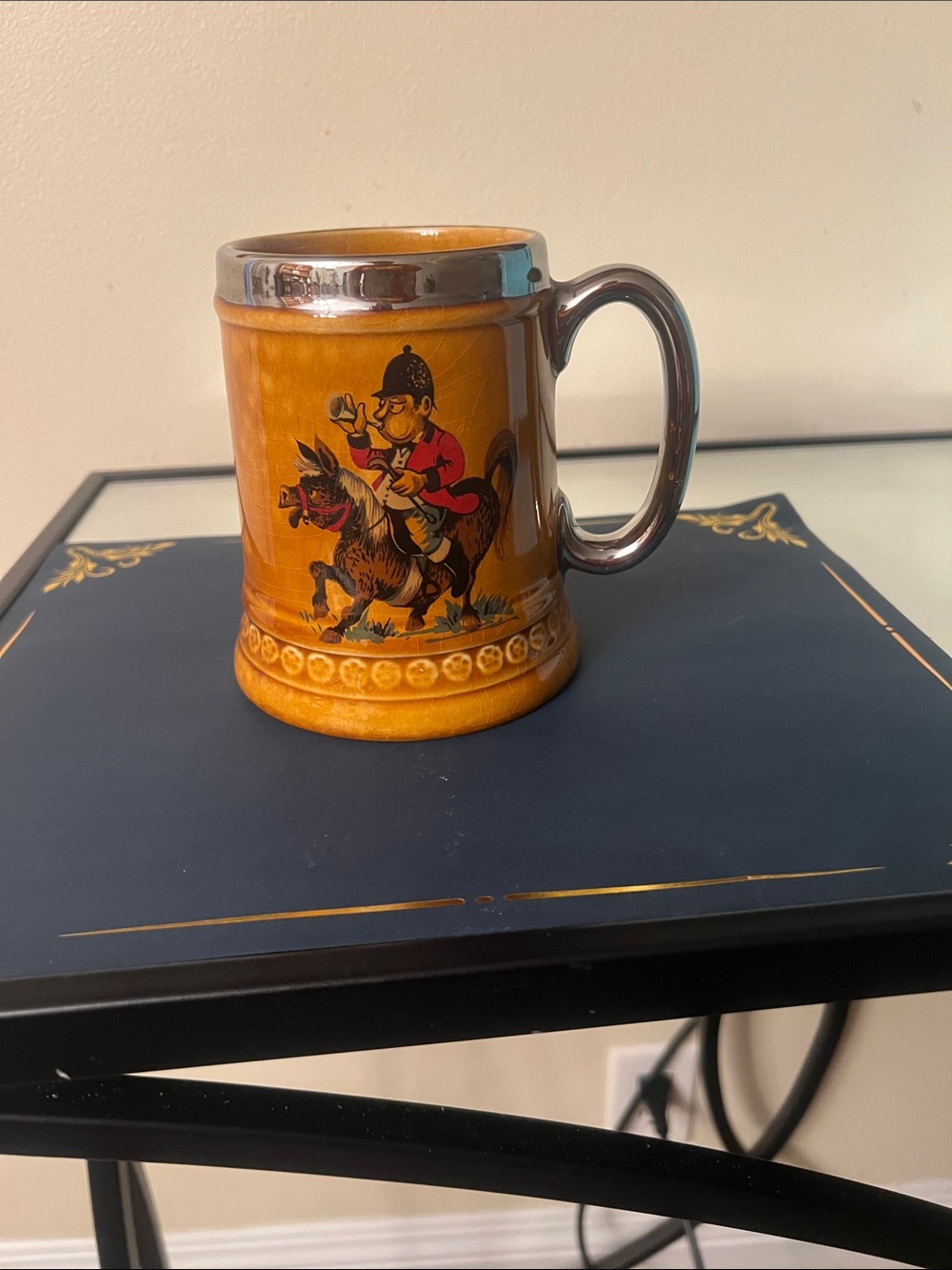 Amber Ceramic Mug with Equestrian Decal and Silver-Tone Handle